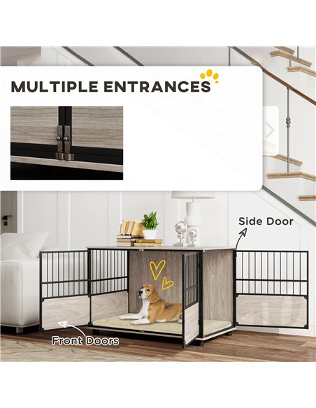 PawHut 100cm Furniture Style Dog Crate Dog Cage End Table Indoor with 3 Doors Soft Washable Cushion, for Large Sized Dogs - pic 142380 | FastDaddyshop