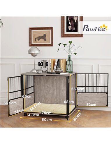 PawHut 80cm Furniture Style Dog Crate Dog Cage End Table Indoor with 3 Doors Soft Washable Cushion, for Medium Sized Dogs