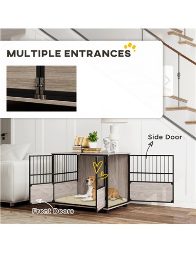 PawHut 80cm Furniture Style Dog Crate Dog Cage End Table Indoor with 3 Doors Soft Washable Cushion, for Medium Sized Dogs