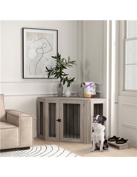 PawHut 2 in 1 Dog Crate Furniture Side Table, with Cushion, 122 x 61 x 71cm - Walnut Brown - pic 142392 | FastDaddyshop