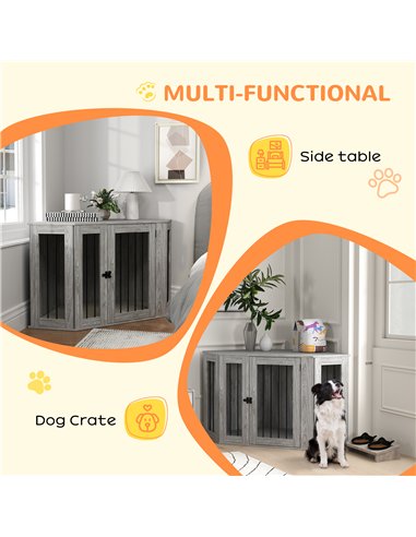 PawHut 2 in 1 Dog Crate Furniture Side Table, with Cushion, 122 x 61 x 71cm - Grey
