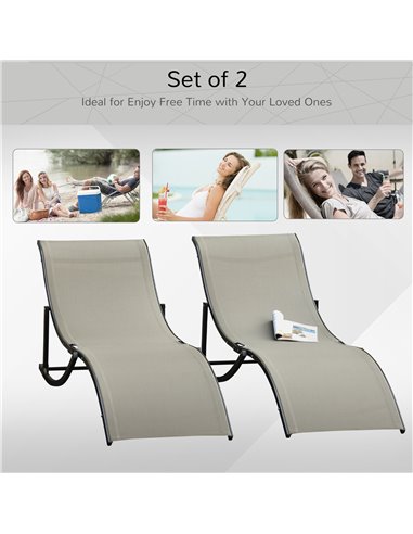 Outsunny Set of 2 S-shaped Foldable Sun Lounger, Khaki