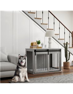 PawHut 98cm Dog Crate Furniture with Removable Cushion for Large Dogs - Grey 2