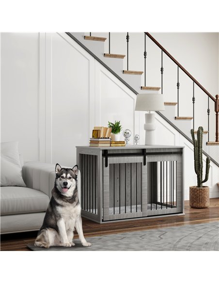 PawHut 98cm Dog Crate Furniture with Removable Cushion for Large Dogs - Grey - pic 142446 | FastDaddyshop