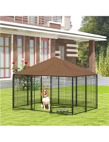 PawHut Outdoor Dog Kennel Puppy Play Pen with Canopy Garden Playpen Fence Crate Enclosure Cage Rotating Bowl 211 x 141 x 151 cm