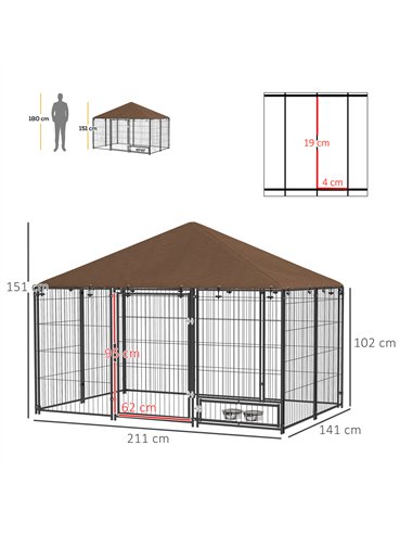 PawHut Outdoor Dog Kennel Puppy Play Pen with Canopy Garden Playpen Fence Crate Enclosure Cage Rotating Bowl 211 x 141 x 151 cm