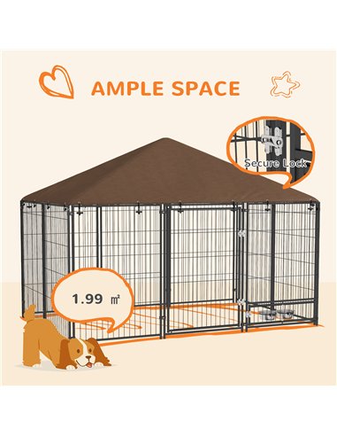 PawHut Outdoor Dog Kennel Puppy Play Pen with Canopy Garden Playpen Fence Crate Enclosure Cage Rotating Bowl 211 x 141 x 151 cm