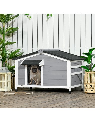 PawHut Wooden Dog Kennel for Outside, for Medium Dogs, 65H x 97L x 72Wcm, Grey