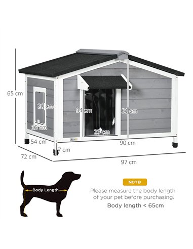 PawHut Wooden Dog Kennel for Outside, for Medium Dogs, 65H x 97L x 72Wcm, Grey