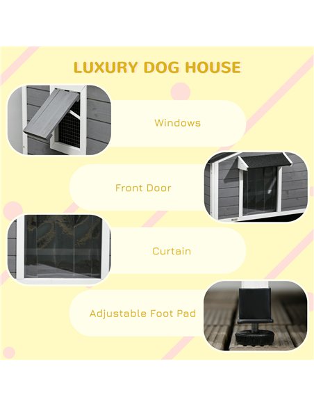 PawHut Wooden Dog Kennel for Outside, for Medium Dogs, 65H x 97L x 72Wcm, Grey - pic 142469 | FastDaddyshop