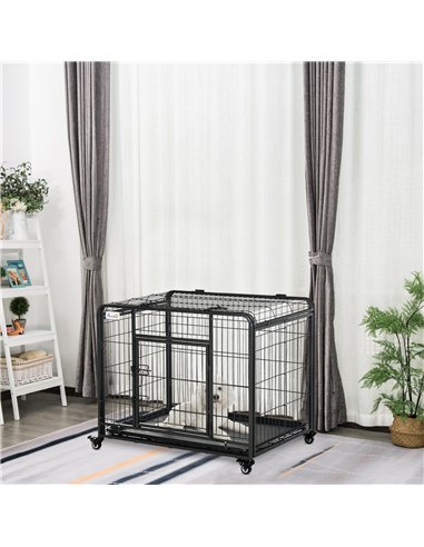 PawHut Metal Dog Cage Kennel Locking Door & Wheels Removable Tray Openable Top For Medium Pets 94 x 58 x 69.5 cm