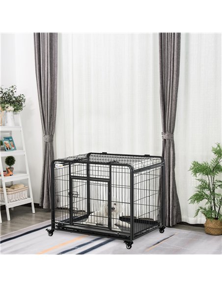 PawHut Metal Dog Cage Kennel Locking Door & Wheels Removable Tray Openable Top For Medium Pets 94 x 58 x 69.5 cm - pic 142473 | FastDaddyshop