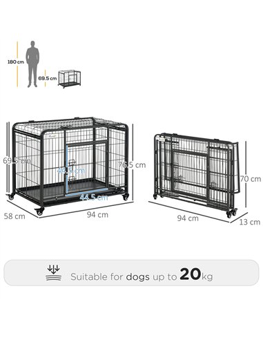 PawHut Metal Dog Cage Kennel Locking Door & Wheels Removable Tray Openable Top For Medium Pets 94 x 58 x 69.5 cm