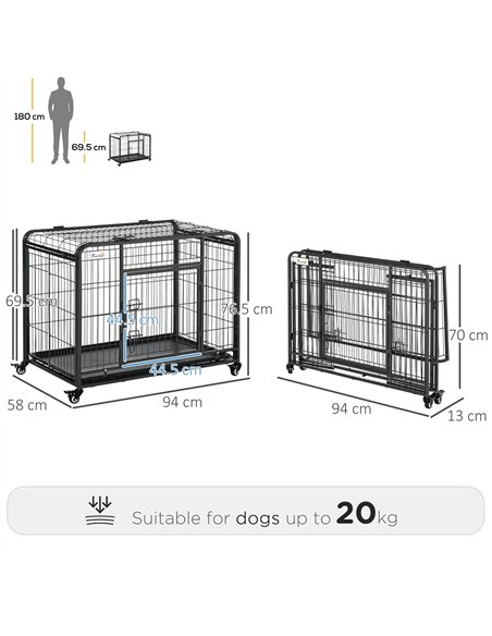 PawHut Metal Dog Cage Kennel Locking Door & Wheels Removable Tray Openable Top For Medium Pets 94 x 58 x 69.5 cm - pic 142474 | FastDaddyshop