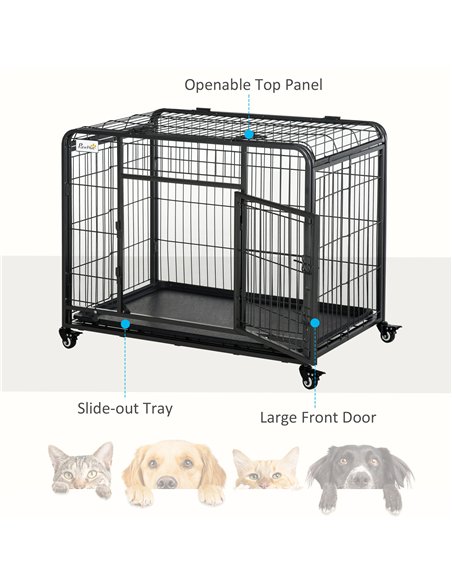 PawHut Metal Dog Cage Kennel Locking Door & Wheels Removable Tray Openable Top For Medium Pets 94 x 58 x 69.5 cm - pic 142477 | FastDaddyshop