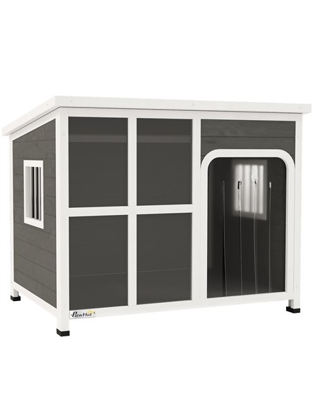 PawHut Wooden Dog House Outdoor with  Asphalt Openable Top, Removable Floor, Clear Front Panel, Curtain, 103 x 77 x 83cm - pic 142481 | FastDaddyshop