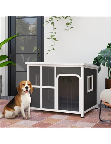PawHut Wooden Dog House Outdoor with  Asphalt Openable Top, Removable Floor, Clear Front Panel, Curtain, 103 x 77 x 83cm
