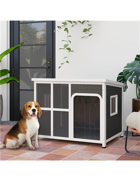 PawHut Wooden Dog House Outdoor with  Asphalt Openable Top, Removable Floor, Clear Front Panel, Curtain, 103 x 77 x 83cm - pic 142482 | FastDaddyshop