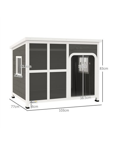 PawHut Wooden Dog House Outdoor with  Asphalt Openable Top, Removable Floor, Clear Front Panel, Curtain, 103 x 77 x 83cm