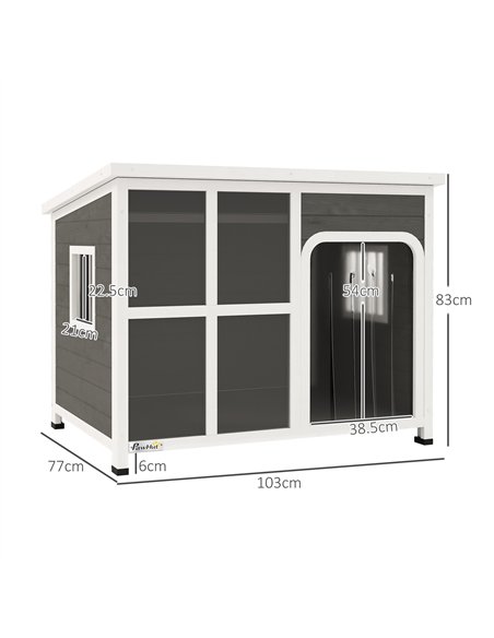 PawHut Wooden Dog House Outdoor with  Asphalt Openable Top, Removable Floor, Clear Front Panel, Curtain, 103 x 77 x 83cm - pic 142483 | FastDaddyshop