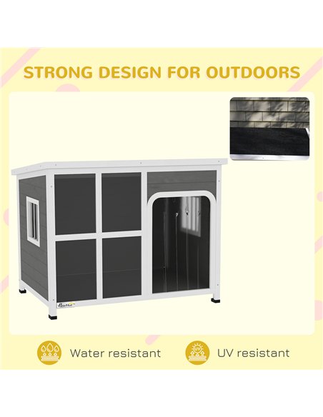 PawHut Wooden Dog House Outdoor with  Asphalt Openable Top, Removable Floor, Clear Front Panel, Curtain, 103 x 77 x 83cm - pic 142485 | FastDaddyshop