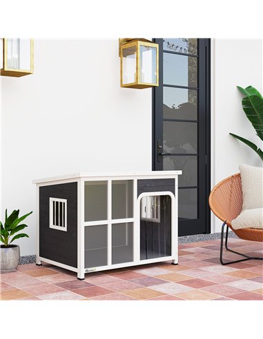 PawHut Wooden Dog House Outdoor with  Asphalt Openable Top, Removable Floor, Clear Front Panel, Curtain, 103 x 77 x 83cm