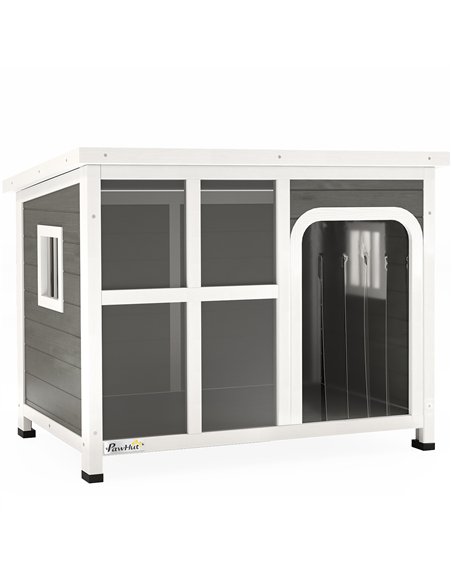 PawHut Wooden Dog House Outdoor with  Asphalt Openable Top, Removable Floor, Clear Front Panel, Curtain, 90 x 62 x 71cm - pic 142490 | FastDaddyshop