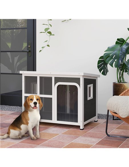 PawHut Wooden Dog House Outdoor with  Asphalt Openable Top, Removable Floor, Clear Front Panel, Curtain, 90 x 62 x 71cm - pic 142491 | FastDaddyshop