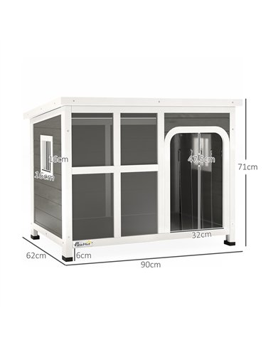 PawHut Wooden Dog House Outdoor with  Asphalt Openable Top, Removable Floor, Clear Front Panel, Curtain, 90 x 62 x 71cm