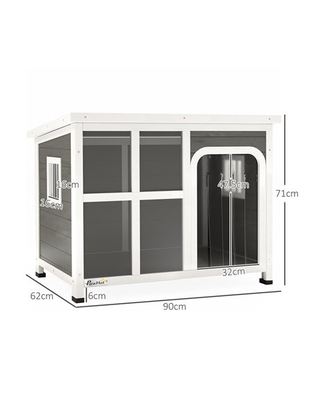 PawHut Wooden Dog House Outdoor with  Asphalt Openable Top, Removable Floor, Clear Front Panel, Curtain, 90 x 62 x 71cm - pic 142492 | FastDaddyshop