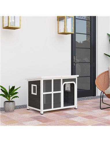 PawHut Wooden Dog House Outdoor with  Asphalt Openable Top, Removable Floor, Clear Front Panel, Curtain, 90 x 62 x 71cm
