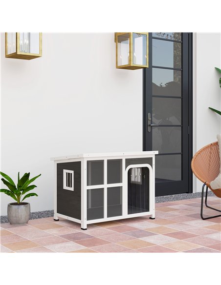 PawHut Wooden Dog House Outdoor with  Asphalt Openable Top, Removable Floor, Clear Front Panel, Curtain, 90 x 62 x 71cm - pic 142497 | FastDaddyshop