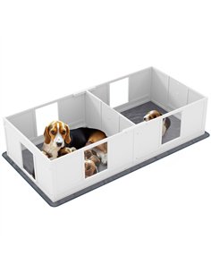 PawHut Two Room Design, Whelping Box for Dogs with Whelping Pad, Clear Panels, Adjustable Entrance, for Medium Dogs, 196 x 96cm