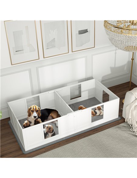 PawHut Two Room Design, Whelping Box for Dogs with Whelping Pad, Clear Panels, Adjustable Entrance, for Medium Dogs, 196 x 96cm - pic 142509 | FastDaddyshop