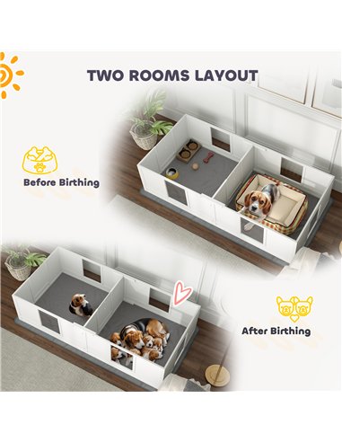 PawHut Two Room Design, Whelping Box for Dogs with Whelping Pad, Clear Panels, Adjustable Entrance, for Medium Dogs, 196 x 96cm