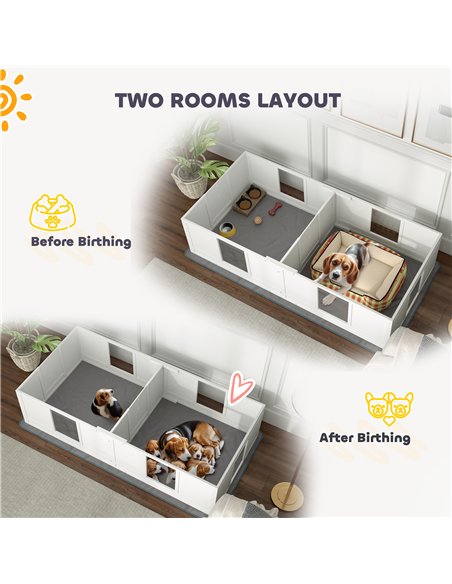 PawHut Two Room Design, Whelping Box for Dogs with Whelping Pad, Clear Panels, Adjustable Entrance, for Medium Dogs, 196 x 96cm - pic 142514 | FastDaddyshop