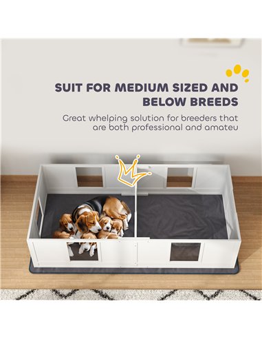 PawHut Two Room Design, Whelping Box for Dogs with Whelping Pad, Clear Panels, Adjustable Entrance, for Medium Dogs, 196 x 96cm