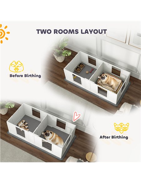 PawHut Two Room Design, Whelping Box for Dogs with Whelping Pad, Clear Panels, Adjustable Entrance, for Small Dogs, 164 x 80cm - pic 142523 | FastDaddyshop