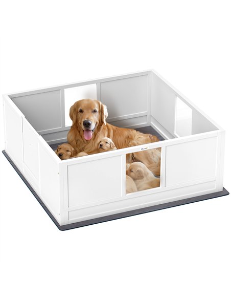 PawHut Whelping Box for Dogs with Whelping Pad, Adjustable Entrance, Non-slip Foot Pads, for Large Dogs, 124 x 120cm - pic 142526 | FastDaddyshop