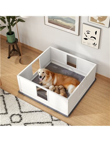 PawHut Whelping Box for Dogs with Whelping Pad, Adjustable Entrance, Non-slip Foot Pads, for Large Dogs, 124 x 120cm