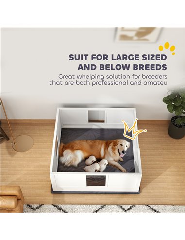 PawHut Whelping Box for Dogs with Whelping Pad, Adjustable Entrance, Non-slip Foot Pads, for Large Dogs, 124 x 120cm