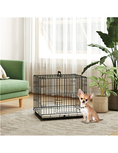 PawHut Foldable Dog Crate with Two Doors with Tray, Soft Cushion, for Extra Small Dogs, 60 x 40 x 50, Black