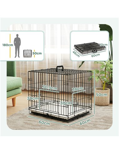 PawHut Foldable Dog Crate with Two Doors with Tray, Soft Cushion, for Extra Small Dogs, 60 x 40 x 50, Black