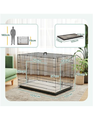 PawHut Foldable Dog Crate with 2 Doors with Tray, Soft Cushion, for Extra and Large Dogs, 105 x 70 x 75, Black