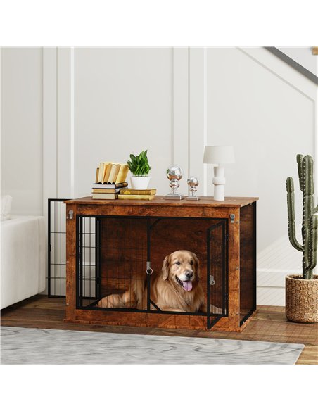 PawHut Dog Crate Furniture with Flip-up Top, 2 Doors, for Large Dogs, 98 x 60 x 65.5cm, Rustic Brown - pic 142554 | FastDaddyshop