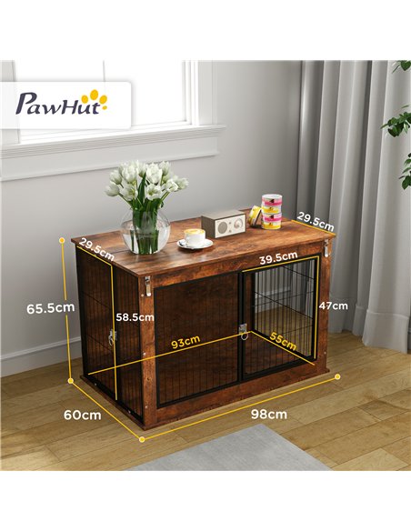 PawHut Dog Crate Furniture with Flip-up Top, 2 Doors, for Large Dogs, 98 x 60 x 65.5cm, Rustic Brown - pic 142555 | FastDaddyshop