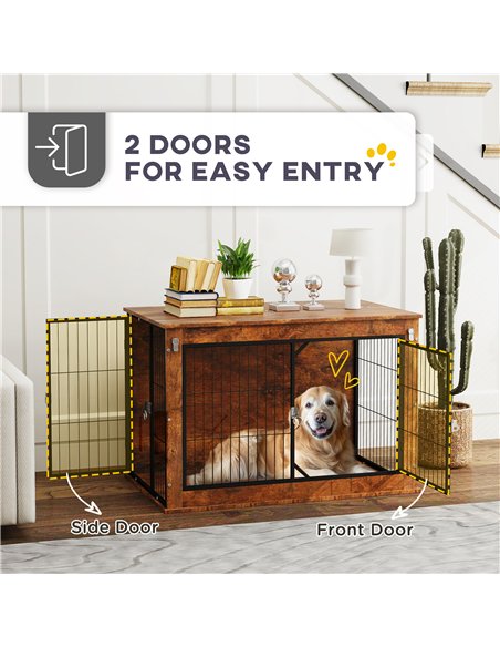 PawHut Dog Crate Furniture with Flip-up Top, 2 Doors, for Large Dogs, 98 x 60 x 65.5cm, Rustic Brown - pic 142558 | FastDaddyshop