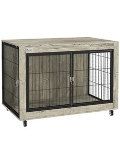 PawHut Dog Crate Furniture with Wheels, Double Doors, for Large Dogs, 100 x 60 x 73.5cm, Grey
