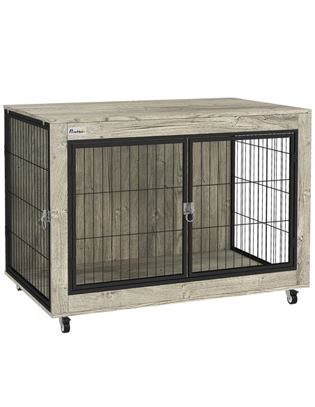 PawHut Dog Crate Furniture with Wheels, Double Doors, for Large Dogs, 100 x 60 x 73.5cm, Grey - pic 142562 | FastDaddyshop