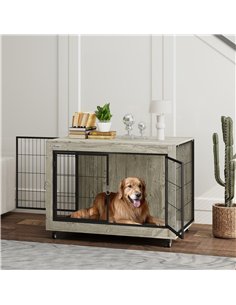 PawHut Dog Crate Furniture with Wheels, Double Doors, for Large Dogs, 100 x 60 x 73.5cm, Grey 2